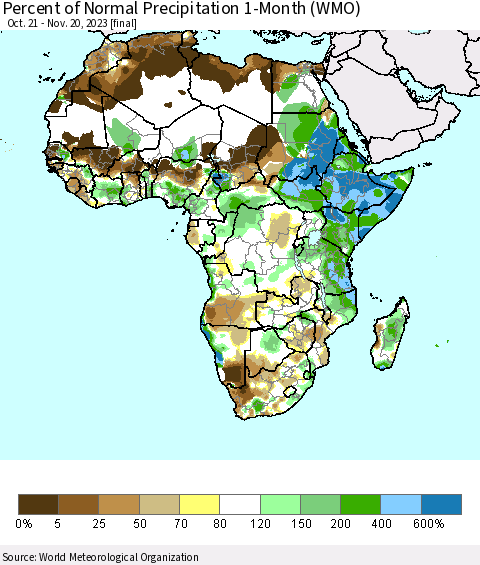 Africa Percent of Normal Precipitation 1-Month (WMO) Thematic Map For 10/21/2023 - 11/20/2023