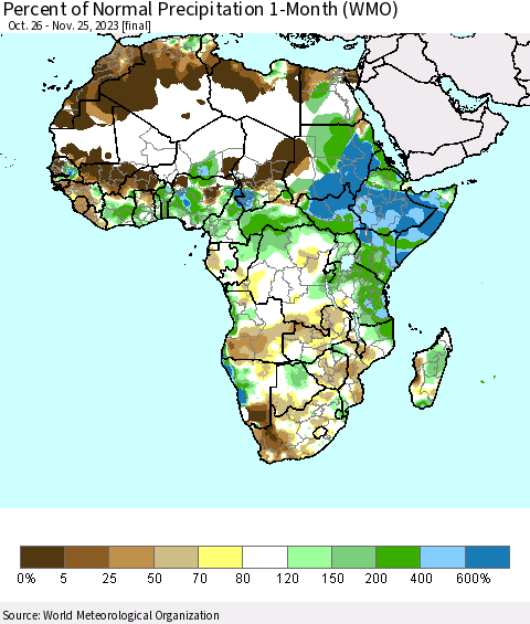 Africa Percent of Normal Precipitation 1-Month (WMO) Thematic Map For 10/26/2023 - 11/25/2023