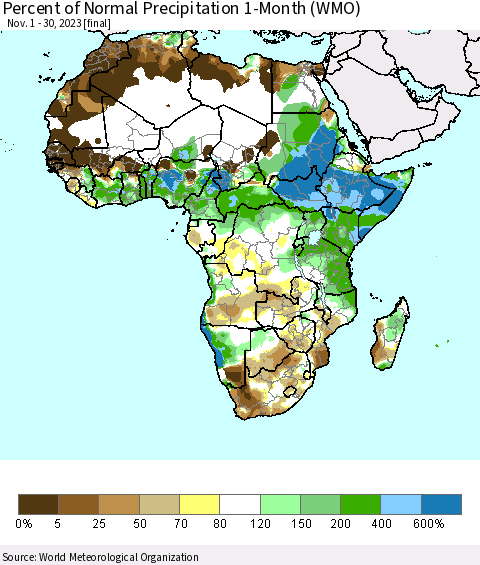 Africa Percent of Normal Precipitation 1-Month (WMO) Thematic Map For 11/1/2023 - 11/30/2023
