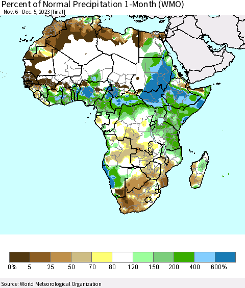 Africa Percent of Normal Precipitation 1-Month (WMO) Thematic Map For 11/6/2023 - 12/5/2023