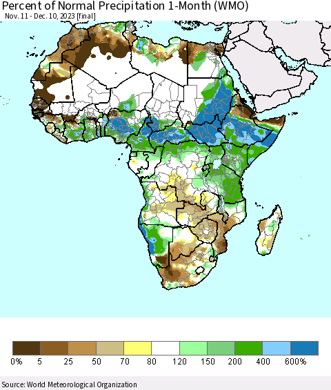 Africa Percent of Normal Precipitation 1-Month (WMO) Thematic Map For 11/11/2023 - 12/10/2023
