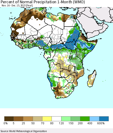 Africa Percent of Normal Precipitation 1-Month (WMO) Thematic Map For 11/16/2023 - 12/15/2023