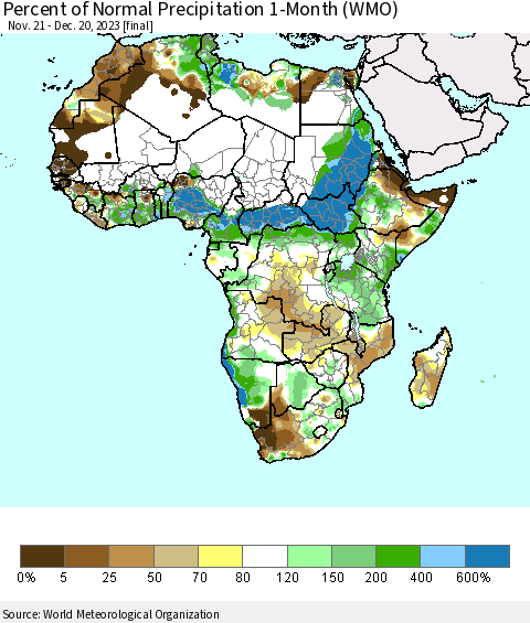 Africa Percent of Normal Precipitation 1-Month (WMO) Thematic Map For 11/21/2023 - 12/20/2023