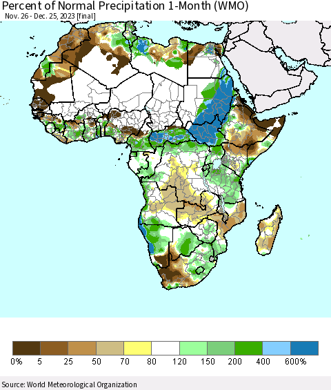 Africa Percent of Normal Precipitation 1-Month (WMO) Thematic Map For 11/26/2023 - 12/25/2023