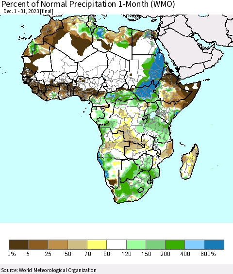 Africa Percent of Normal Precipitation 1-Month (WMO) Thematic Map For 12/1/2023 - 12/31/2023