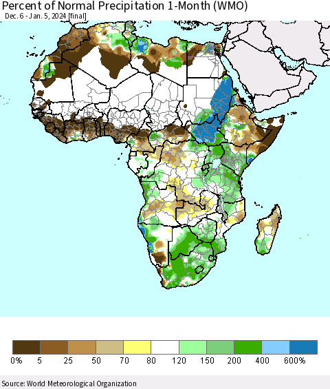 Africa Percent of Normal Precipitation 1-Month (WMO) Thematic Map For 12/6/2023 - 1/5/2024