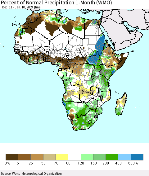 Africa Percent of Normal Precipitation 1-Month (WMO) Thematic Map For 12/11/2023 - 1/10/2024
