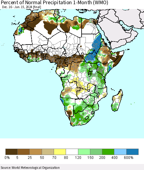 Africa Percent of Normal Precipitation 1-Month (WMO) Thematic Map For 12/16/2023 - 1/15/2024