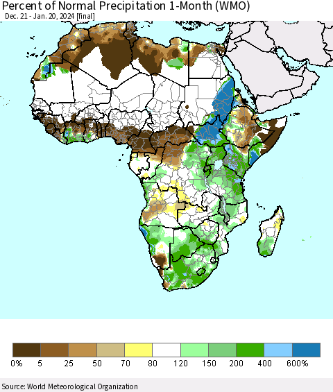 Africa Percent of Normal Precipitation 1-Month (WMO) Thematic Map For 12/21/2023 - 1/20/2024