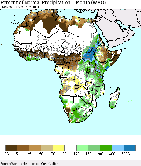 Africa Percent of Normal Precipitation 1-Month (WMO) Thematic Map For 12/26/2023 - 1/25/2024