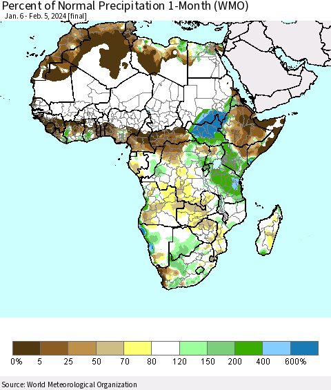 Africa Percent of Normal Precipitation 1-Month (WMO) Thematic Map For 1/6/2024 - 2/5/2024
