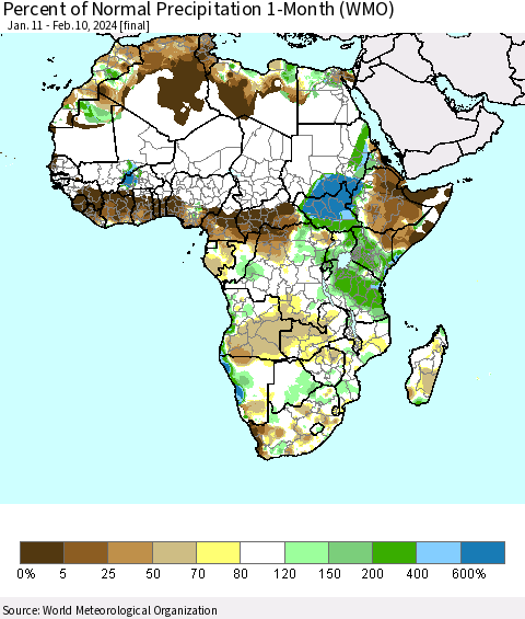Africa Percent of Normal Precipitation 1-Month (WMO) Thematic Map For 1/11/2024 - 2/10/2024