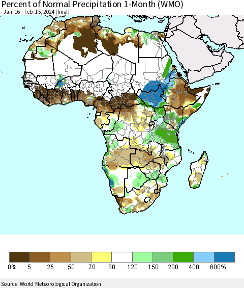 Africa Percent of Normal Precipitation 1-Month (WMO) Thematic Map For 1/16/2024 - 2/15/2024