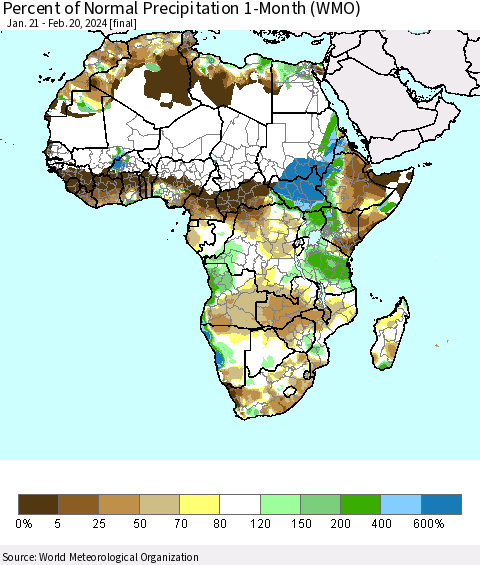 Africa Percent of Normal Precipitation 1-Month (WMO) Thematic Map For 1/21/2024 - 2/20/2024
