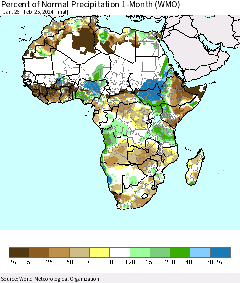 Africa Percent of Normal Precipitation 1-Month (WMO) Thematic Map For 1/26/2024 - 2/25/2024