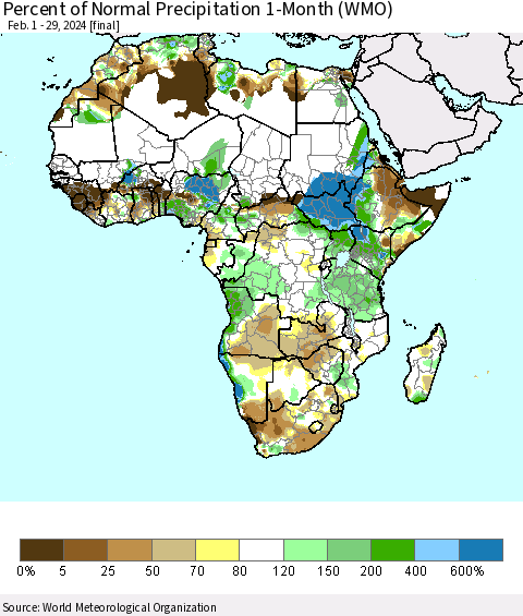 Africa Percent of Normal Precipitation 1-Month (WMO) Thematic Map For 2/1/2024 - 2/29/2024