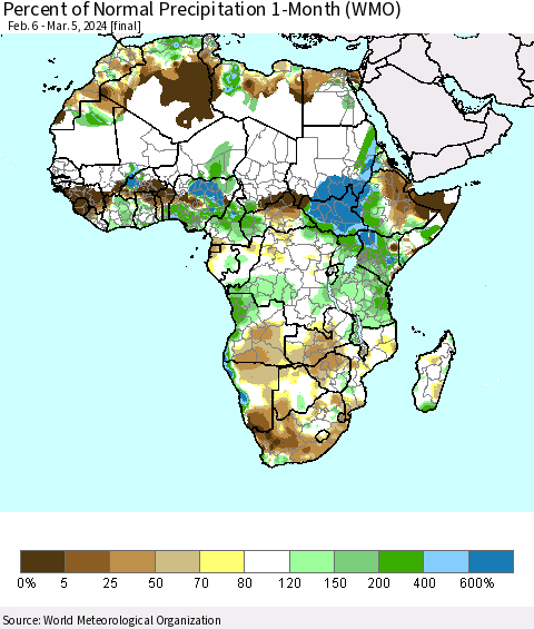 Africa Percent of Normal Precipitation 1-Month (WMO) Thematic Map For 2/6/2024 - 3/5/2024