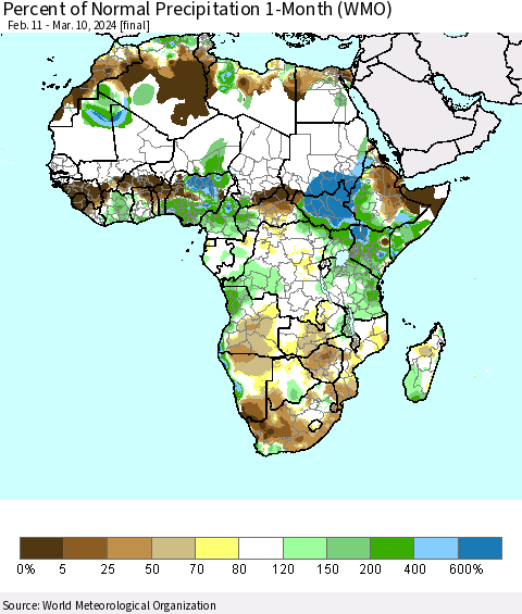 Africa Percent of Normal Precipitation 1-Month (WMO) Thematic Map For 2/11/2024 - 3/10/2024