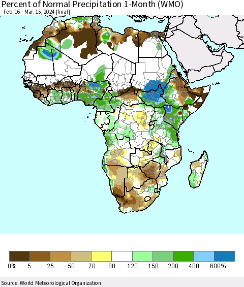 Africa Percent of Normal Precipitation 1-Month (WMO) Thematic Map For 2/16/2024 - 3/15/2024