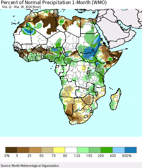 Africa Percent of Normal Precipitation 1-Month (WMO) Thematic Map For 2/21/2024 - 3/20/2024