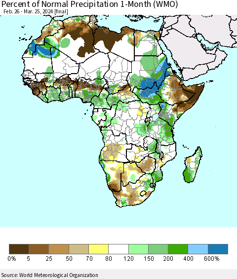 Africa Percent of Normal Precipitation 1-Month (WMO) Thematic Map For 2/26/2024 - 3/25/2024