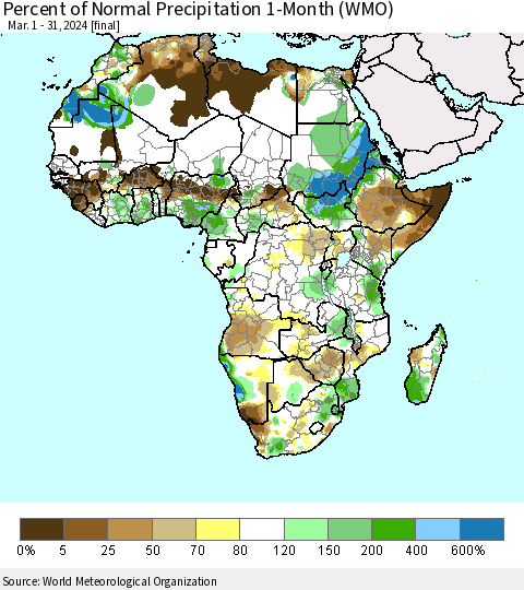 Africa Percent of Normal Precipitation 1-Month (WMO) Thematic Map For 3/1/2024 - 3/31/2024