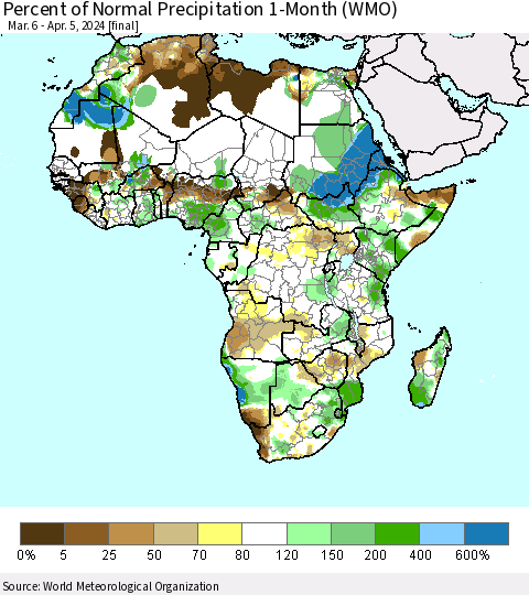 Africa Percent of Normal Precipitation 1-Month (WMO) Thematic Map For 3/6/2024 - 4/5/2024