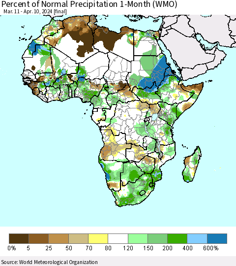 Africa Percent of Normal Precipitation 1-Month (WMO) Thematic Map For 3/11/2024 - 4/10/2024