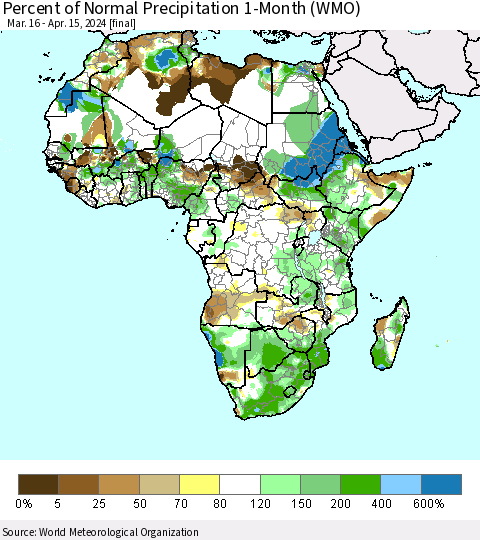 Africa Percent of Normal Precipitation 1-Month (WMO) Thematic Map For 3/16/2024 - 4/15/2024