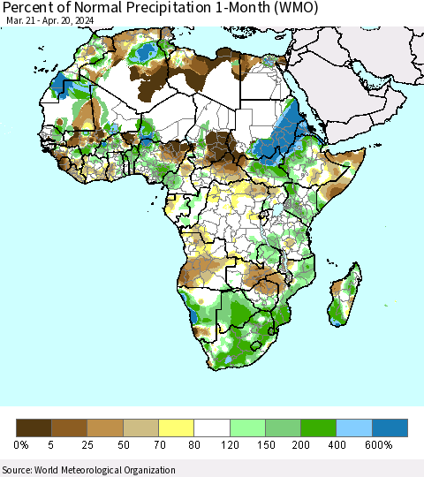 Africa Percent of Normal Precipitation 1-Month (WMO) Thematic Map For 3/21/2024 - 4/20/2024
