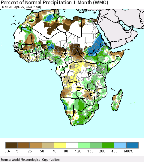 Africa Percent of Normal Precipitation 1-Month (WMO) Thematic Map For 3/26/2024 - 4/25/2024