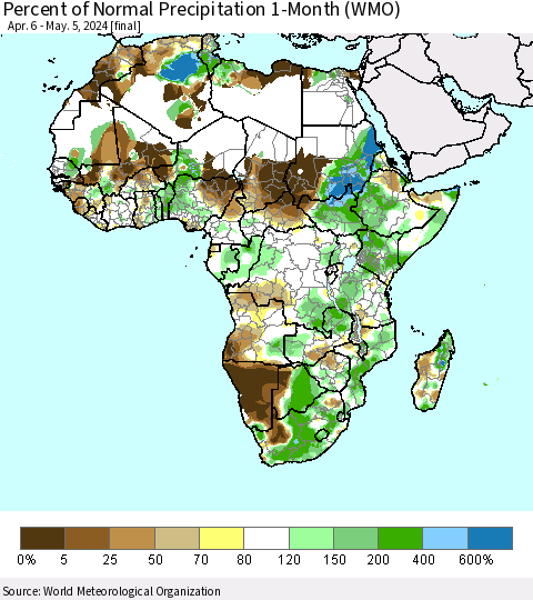 Africa Percent of Normal Precipitation 1-Month (WMO) Thematic Map For 4/6/2024 - 5/5/2024