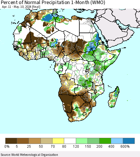 Africa Percent of Normal Precipitation 1-Month (WMO) Thematic Map For 4/11/2024 - 5/10/2024