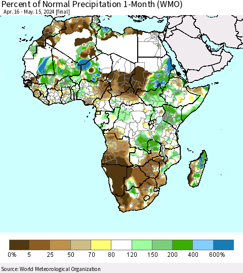 Africa Percent of Normal Precipitation 1-Month (WMO) Thematic Map For 4/16/2024 - 5/15/2024