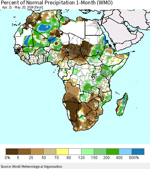 Africa Percent of Normal Precipitation 1-Month (WMO) Thematic Map For 4/21/2024 - 5/20/2024