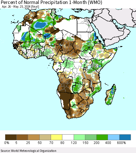 Africa Percent of Normal Precipitation 1-Month (WMO) Thematic Map For 4/26/2024 - 5/25/2024