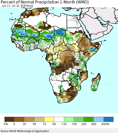 Africa Percent of Normal Precipitation 1-Month (WMO) Thematic Map For 6/11/2024 - 7/10/2024