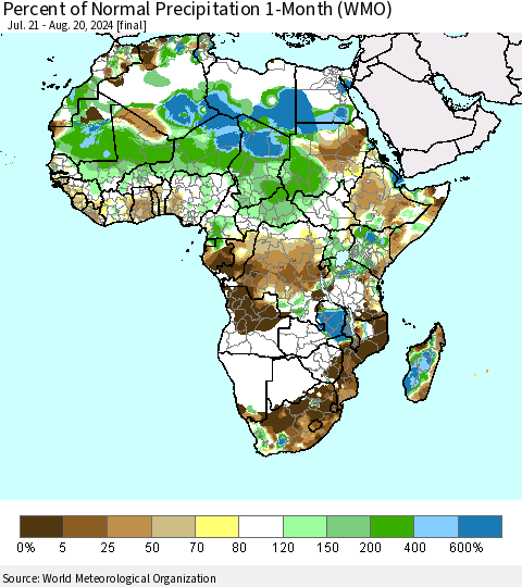 Africa Percent of Normal Precipitation 1-Month (WMO) Thematic Map For 7/21/2024 - 8/20/2024