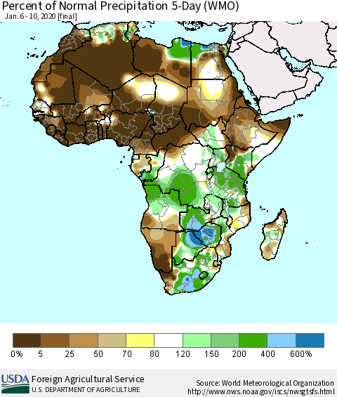 Africa Percent of Normal Precipitation 5-Day (WMO) Thematic Map For 1/6/2020 - 1/10/2020