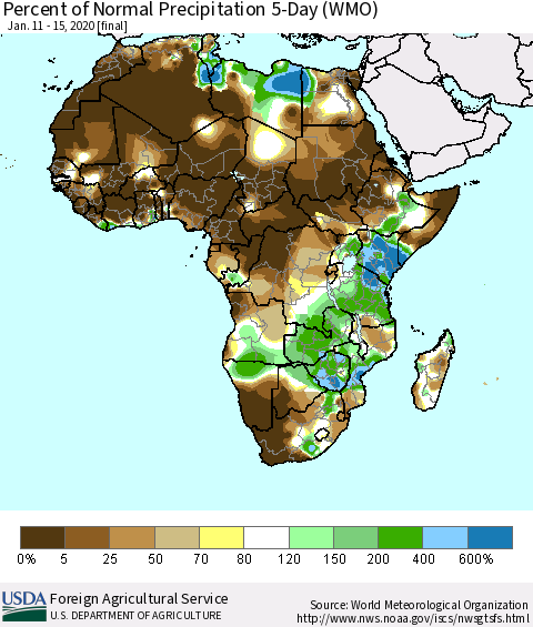 Africa Percent of Normal Precipitation 5-Day (WMO) Thematic Map For 1/11/2020 - 1/15/2020