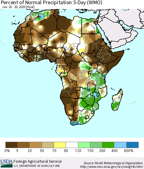 Africa Percent of Normal Precipitation 5-Day (WMO) Thematic Map For 1/16/2020 - 1/20/2020