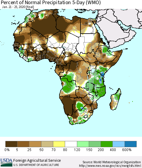 Africa Percent of Normal Precipitation 5-Day (WMO) Thematic Map For 1/21/2020 - 1/25/2020