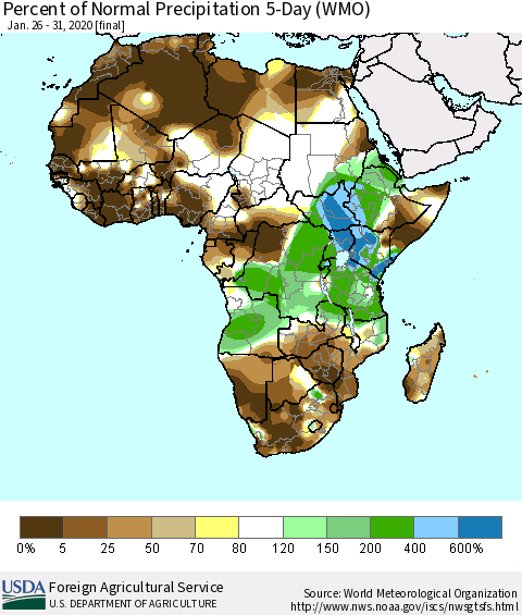 Africa Percent of Normal Precipitation 5-Day (WMO) Thematic Map For 1/26/2020 - 1/31/2020