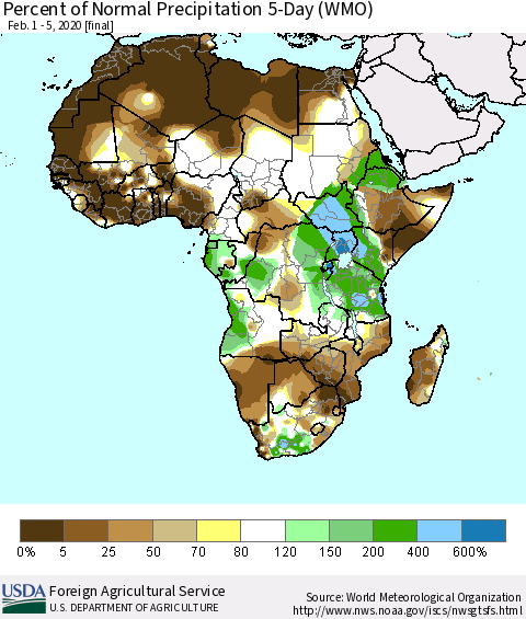 Africa Percent of Normal Precipitation 5-Day (WMO) Thematic Map For 2/1/2020 - 2/5/2020