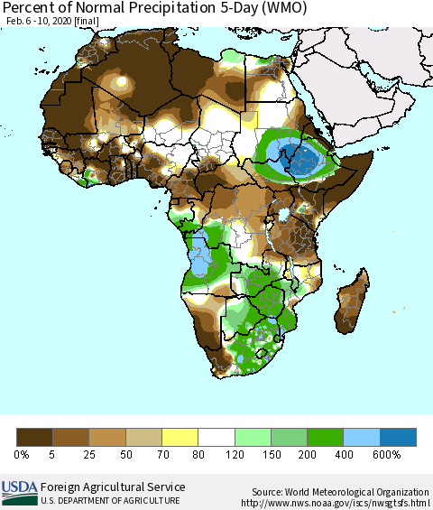 Africa Percent of Normal Precipitation 5-Day (WMO) Thematic Map For 2/6/2020 - 2/10/2020