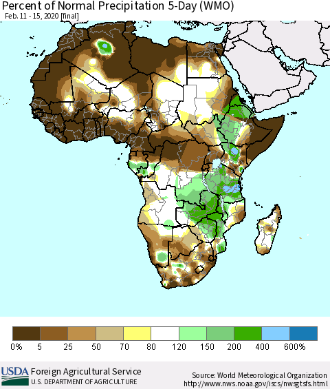 Africa Percent of Normal Precipitation 5-Day (WMO) Thematic Map For 2/11/2020 - 2/15/2020