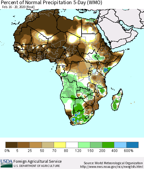 Africa Percent of Normal Precipitation 5-Day (WMO) Thematic Map For 2/16/2020 - 2/20/2020