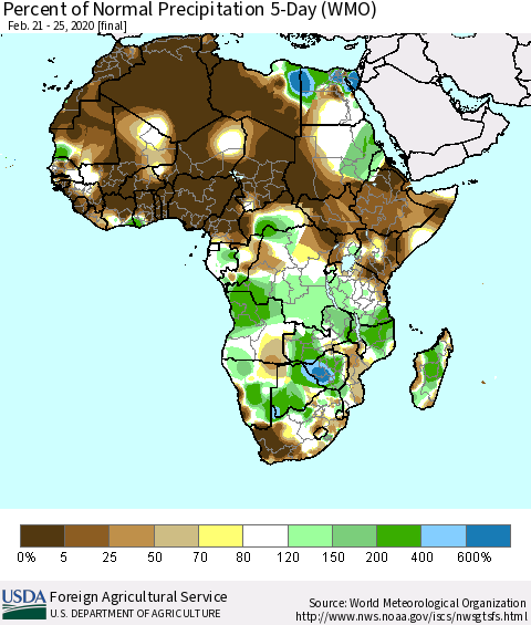 Africa Percent of Normal Precipitation 5-Day (WMO) Thematic Map For 2/21/2020 - 2/25/2020