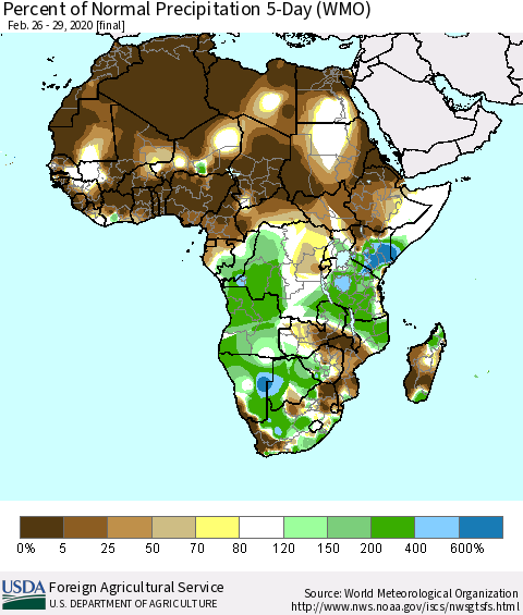 Africa Percent of Normal Precipitation 5-Day (WMO) Thematic Map For 2/26/2020 - 2/29/2020