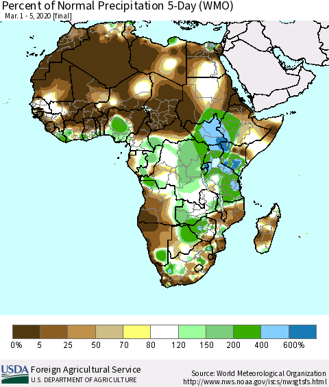 Africa Percent of Normal Precipitation 5-Day (WMO) Thematic Map For 3/1/2020 - 3/5/2020